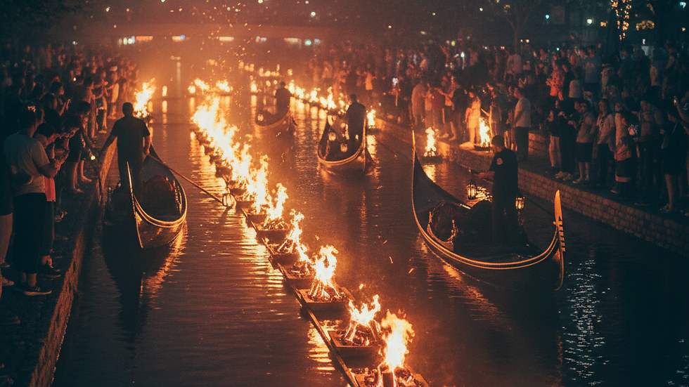 WaterFire Providence event at night with glowing braziers on the river and crowds gathered along the riverbank