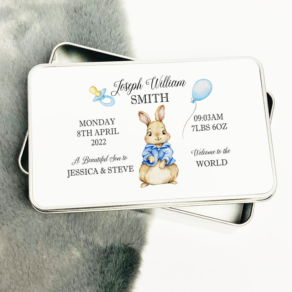 Thumbnail: white keepsake tin with blue bunny theme to store small keepsakes