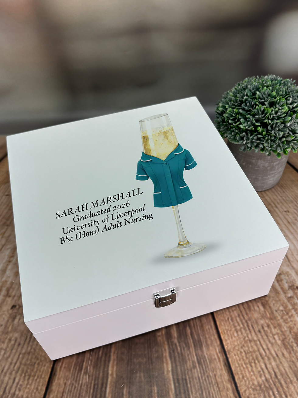 Thumbnail: White wooden box with a champagne glass image dressed in a teal nurses tunic