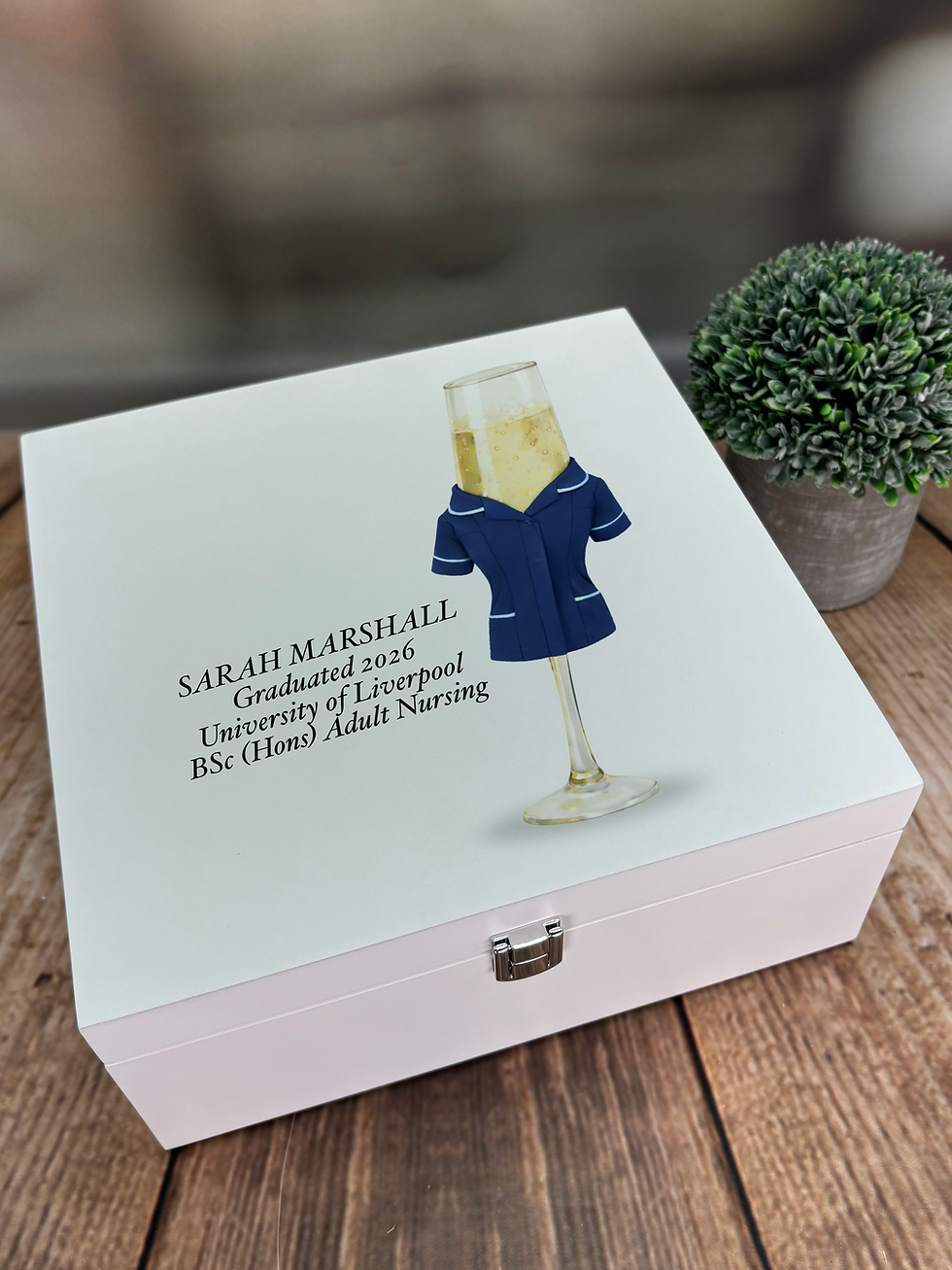 Thumbnail: White wooden box with a champagne glass image dressed in a navy nurses tunic
