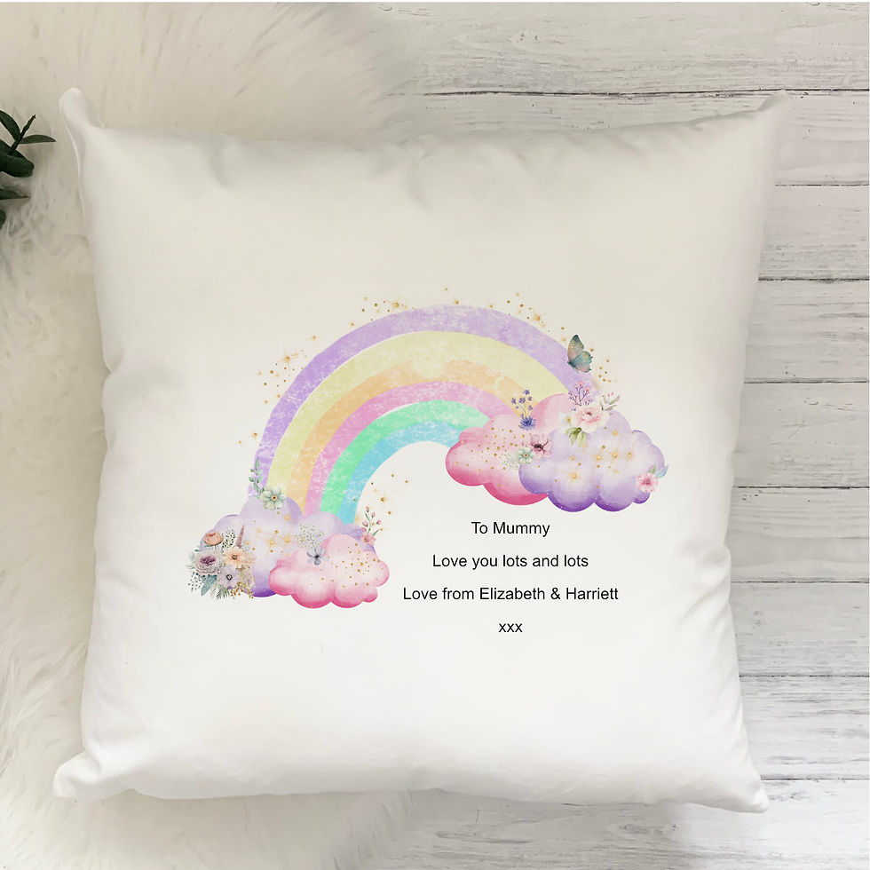 rainbow printed cushion for mother day personalised with handwritten message from children