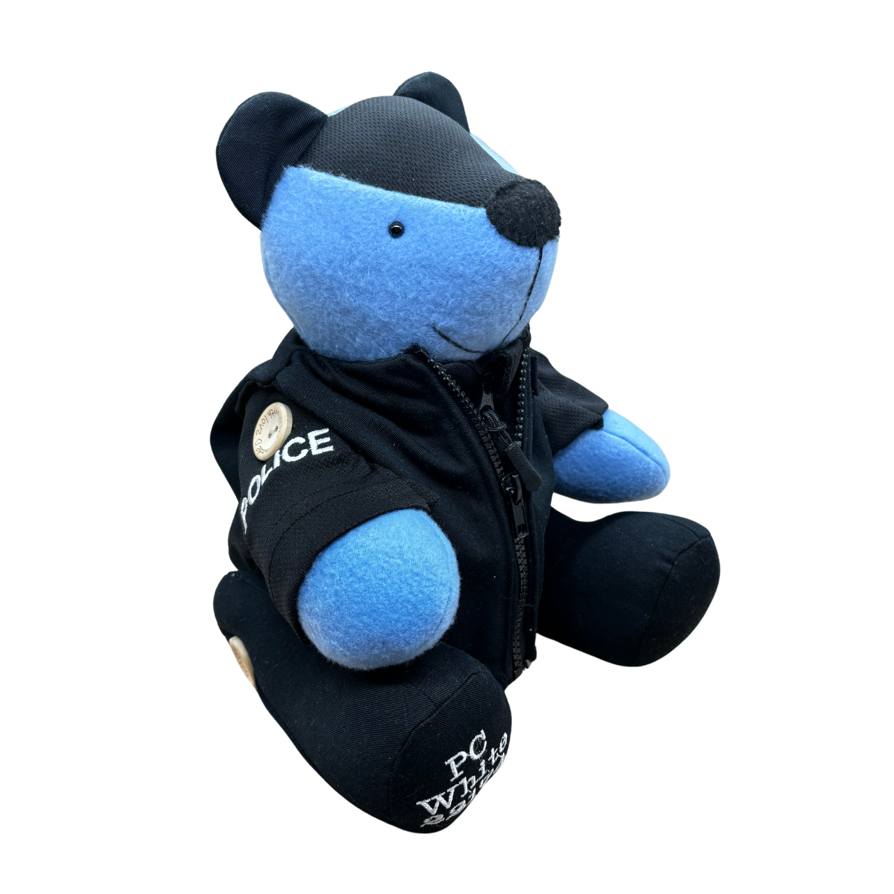 blue bear wearing a mini replica of a black police uniform