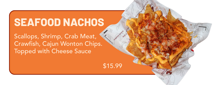 Our Seafood Nachos with the items included listed. 