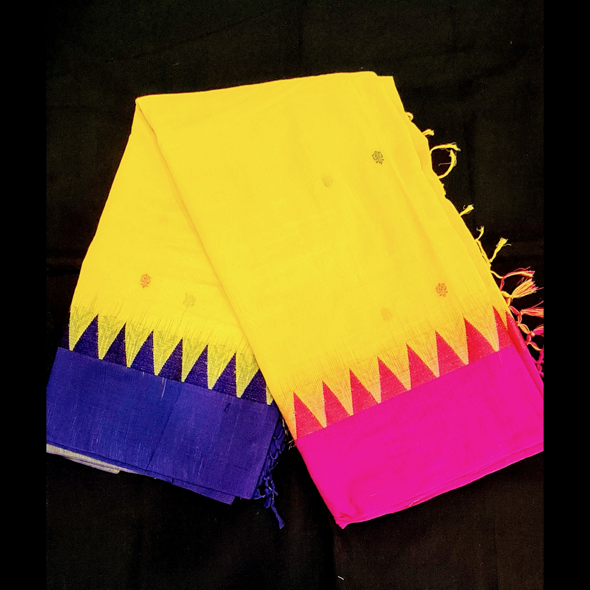 Yellow Handloom Khadi Cotton Saree with contrast Blue and Pink Borders 