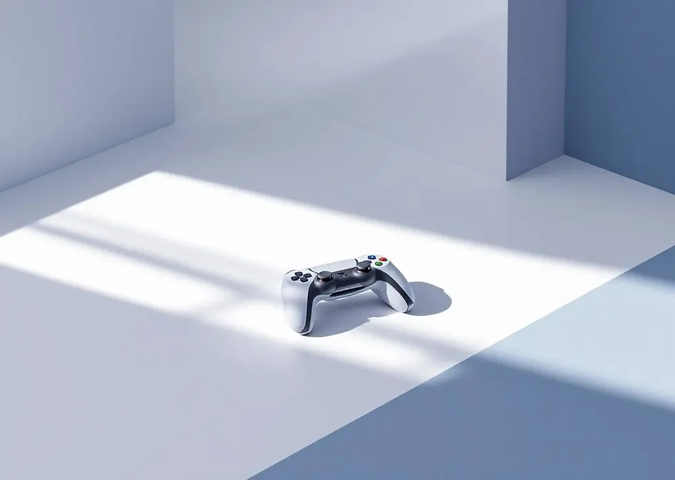 Peliohjain valkoisella pöydällä, ympärillä geometrisia muotoja sinisessä ja harmaassa, luonnollinen valaistus