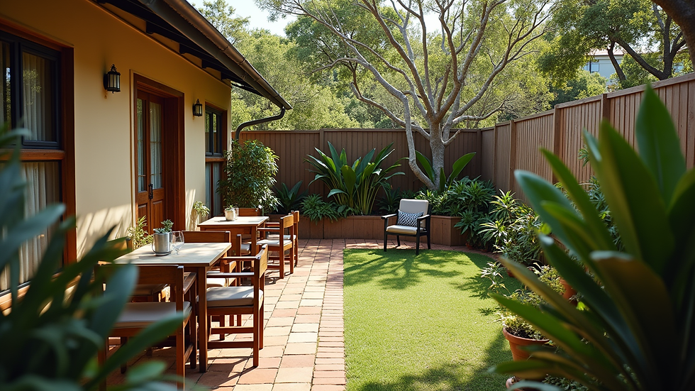High angle view of a budget guesthouse with a small garden in Durban
