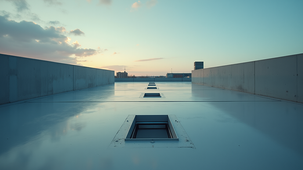 Eye-level view of a commercial building roof with visible bat entry points