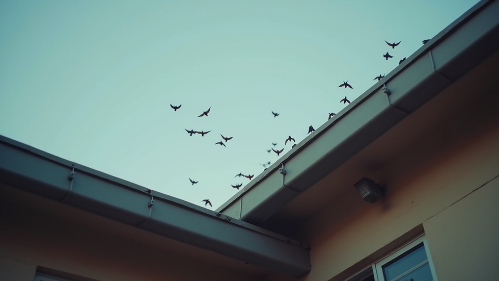 Eye-level view of a school roof with small bats flying near the eaves