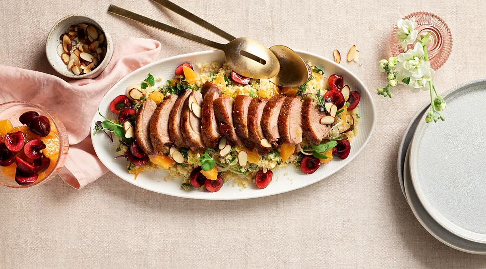 Savor the richness of aromatic roasted duck paired with the tartness of orange and cherries, served over Israeli pearl couscous for a delightful flavour sensation.