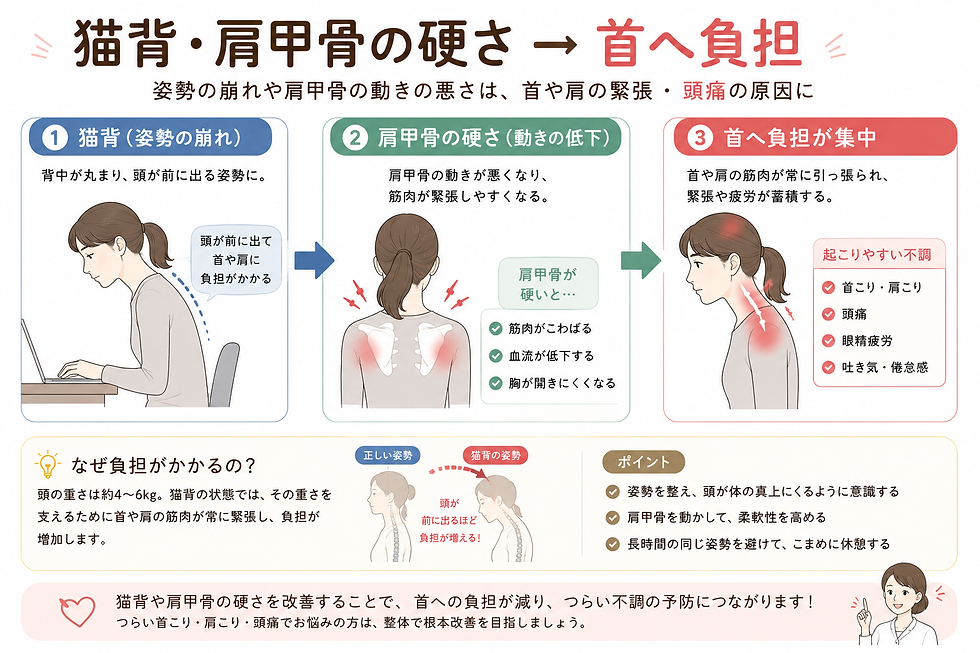 猫背・肩甲骨の硬さ→首へ負担