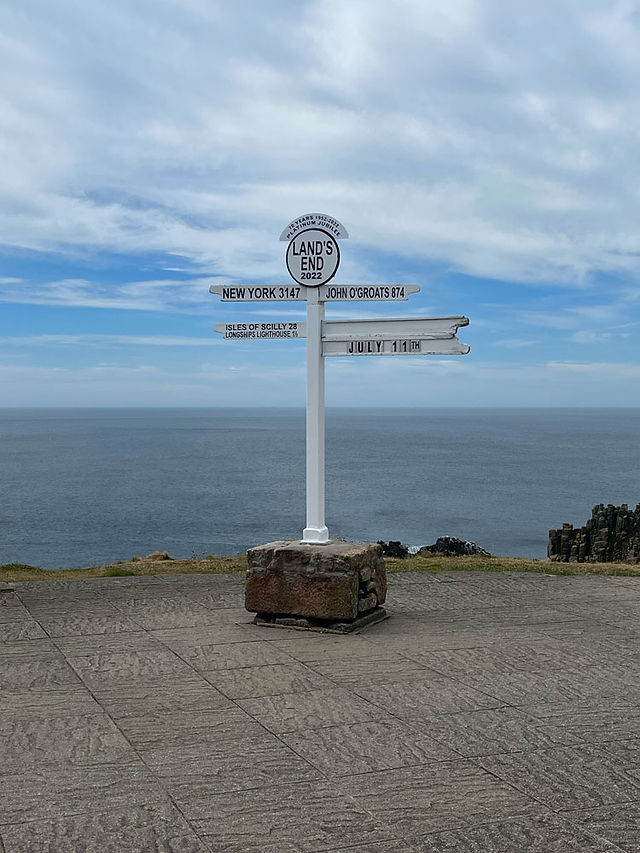 The famous signpost at Land's End with the sea in the background