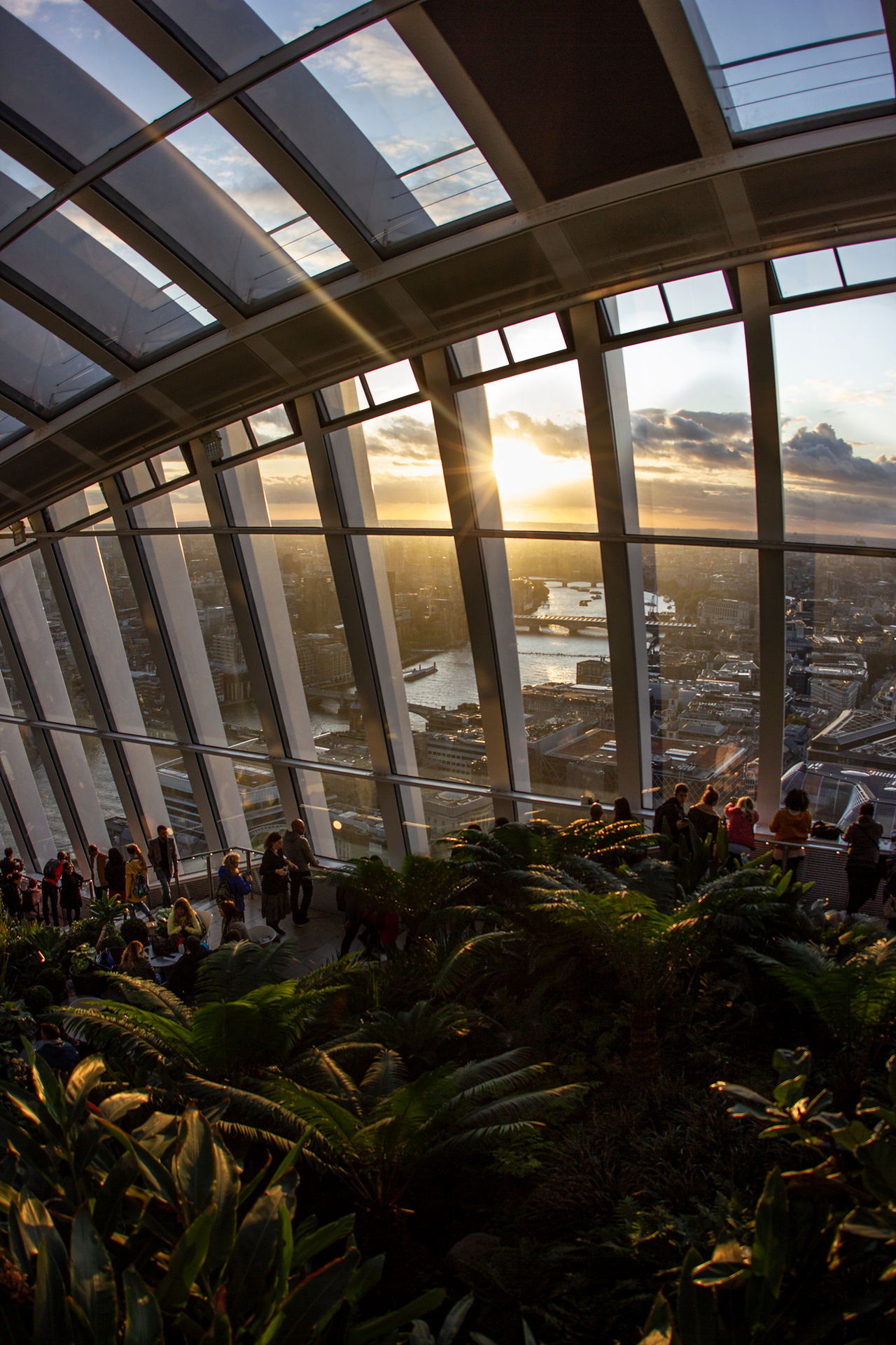 Inside the Sky Garden at sunset overlooking London