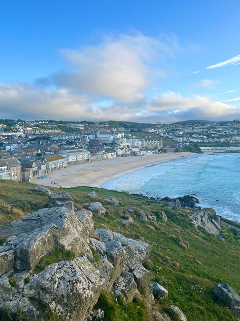 Looking down over the beach at St Ives in Cornwall, from the cliff nearby, just before sunset