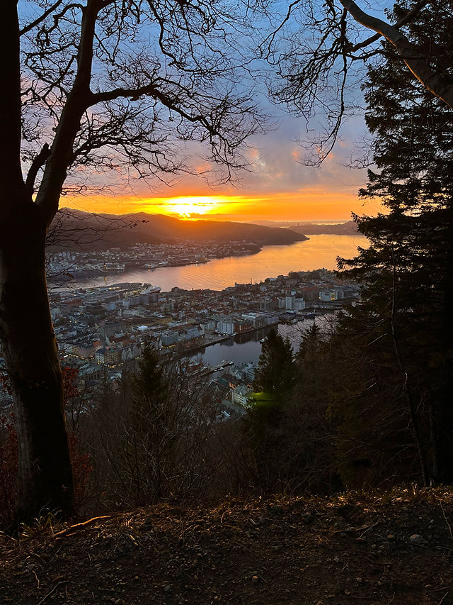 The sun setting over Bergen and the fjords