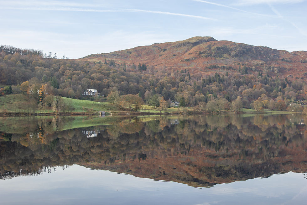 Bright autumn day with clear reflections on Grasmere Lake in the Lake District