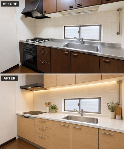 キッチンビフォーアフター
※AFTER画像はリノベーション提案CGです。現況でのお引渡しとなり、リフォーム工事費用・車両・植栽等は販売価格に含まれません。