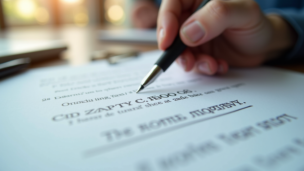Eye-level view of a legal document with a pen