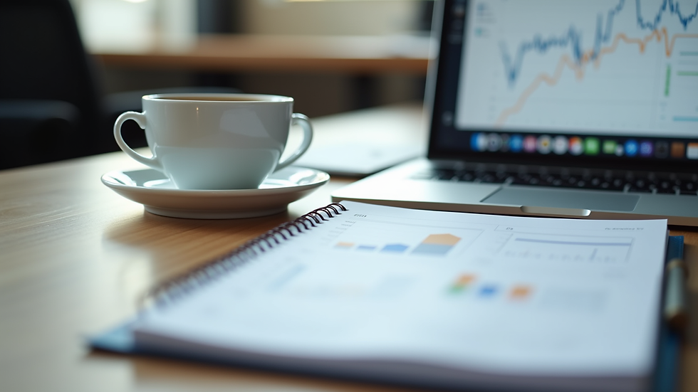 Close-up view of a person’s desk with a planner, coffee, and laptop showing business analytics