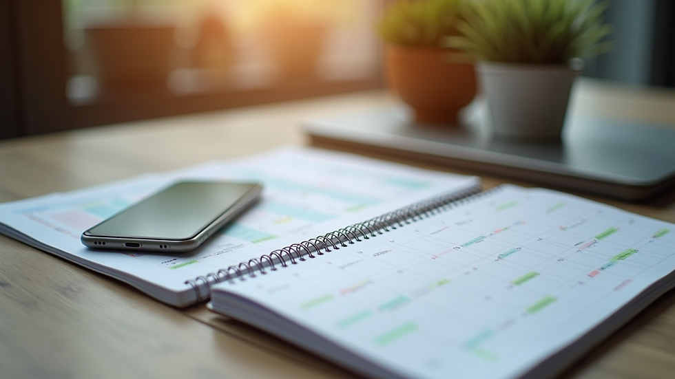 Close-up view of a calendar and smartphone on a wooden table