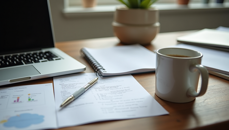 Eye-level view of a cluttered desk with coaching notes, a laptop, and a coffee cup