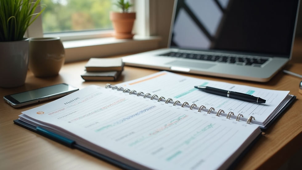 High angle view of a tidy desk with a laptop and productivity planner