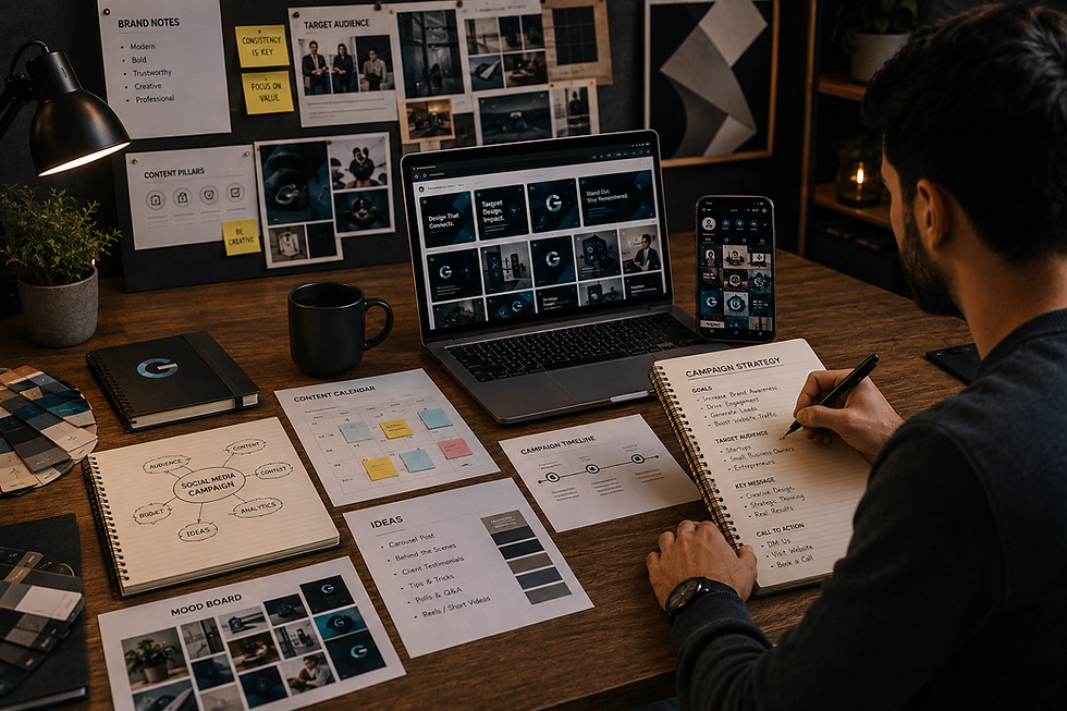 Professional social media designer planning content strategy and marketing objectives before creating digital graphics.