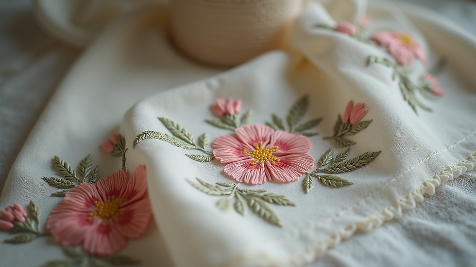Close-up of embroidered fabric with floral patterns