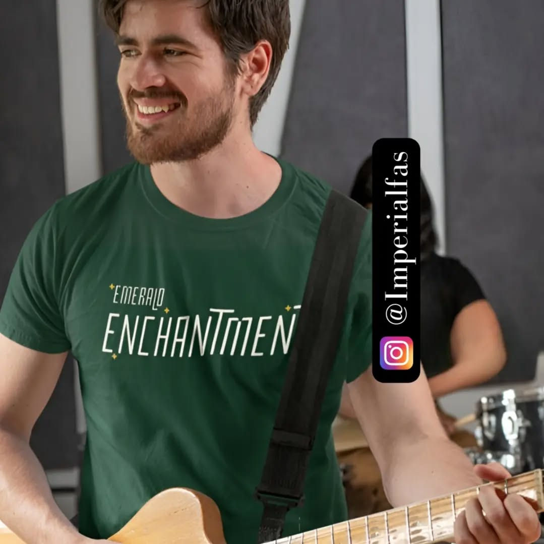Model styling the bottle green tee in a serene, nature-inspired setting.