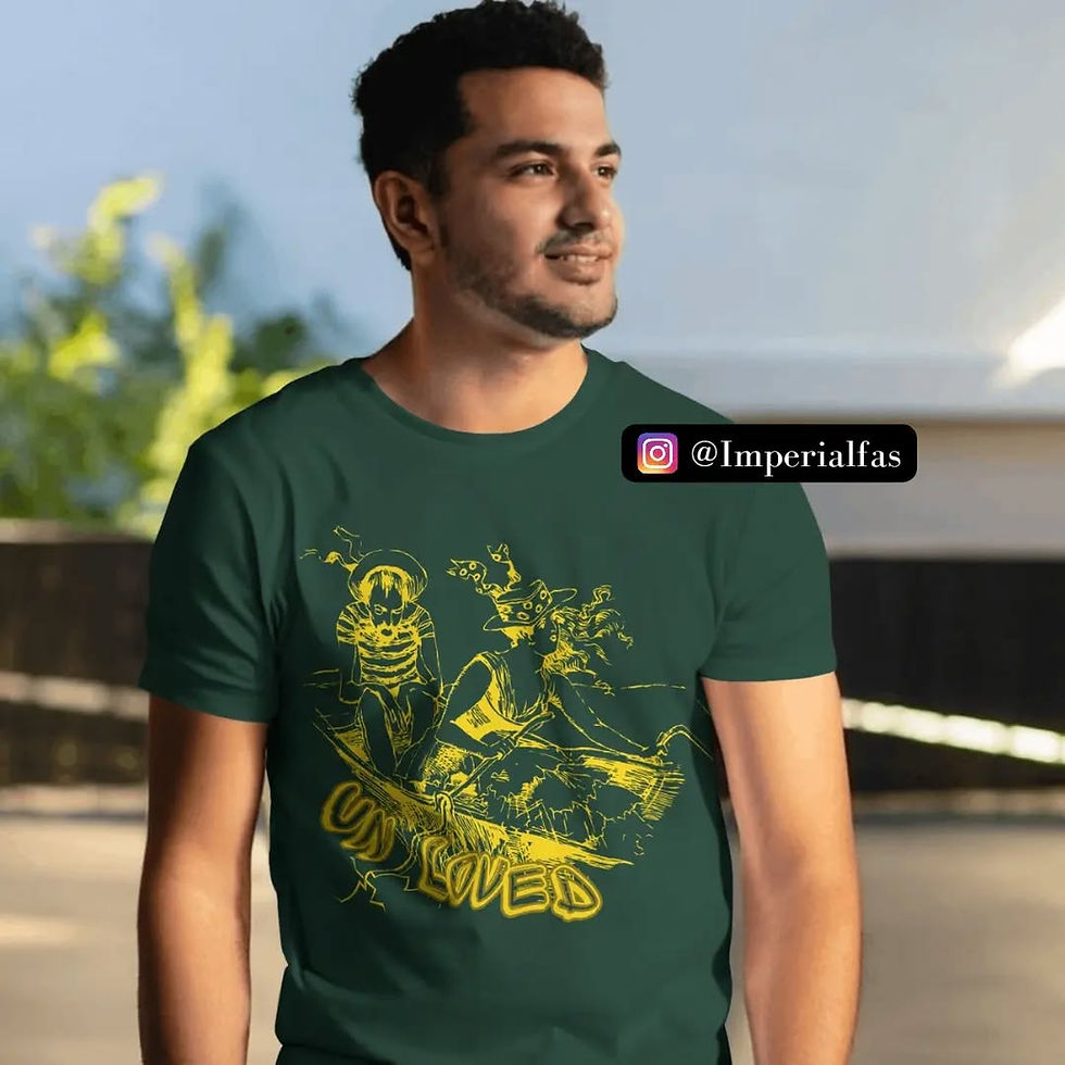 Unloved Voyage Bottle Green Tee with old man and young lady boat graphic by ImperialFas.