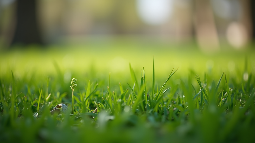 Close-up view of green lawn with emerging weeds in spring