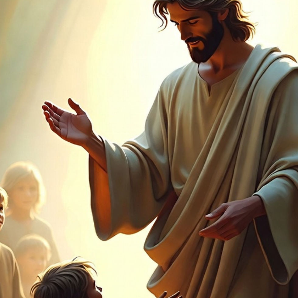 Jesus Christ gently welcoming a young child with open arms, illustrating childlike humility and the Kingdom of God as described in Matthew 18:3-4.