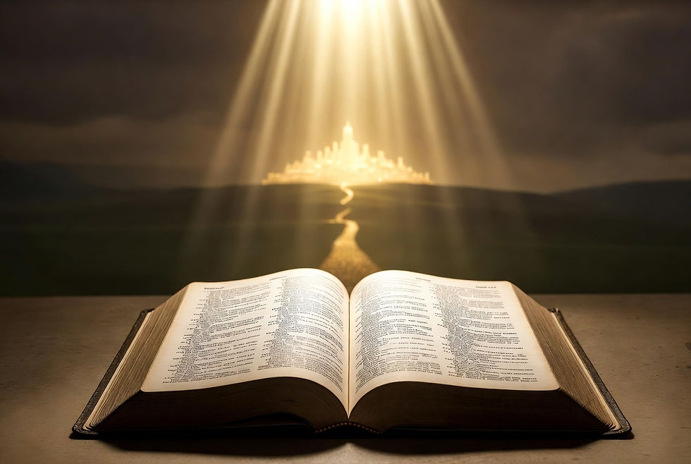 Open Bible illuminated by heavenly light with a golden path leading to the City of God, symbolizing John 8:47: "Whoever is of God hears the words of God" and perseverance in the Kingdom.