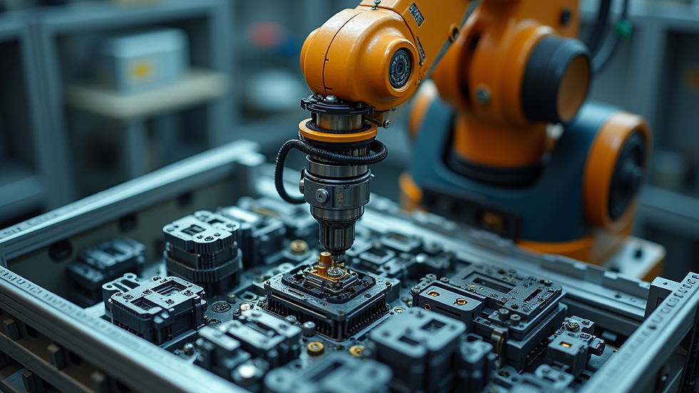 High angle view of an automated robotic arm assembling components