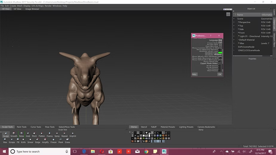 3D creature model in Autodesk Mudbox software, displayed on a grid. Interface shows sculpt tools and options. Mood is creative.