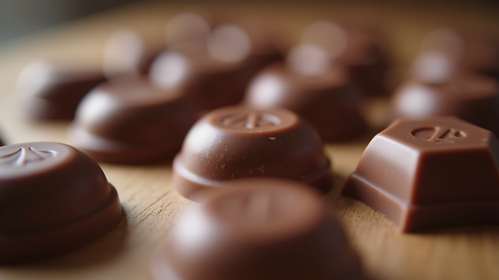 Eye-level view of custom chocolate products made with 3D printed molds