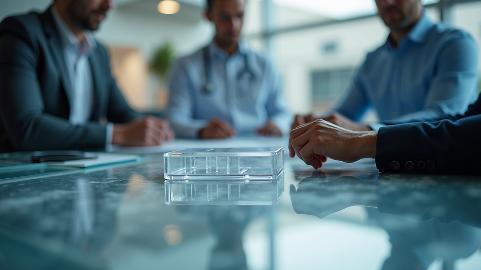 Eye-level view of a team reviewing a plastic prototype