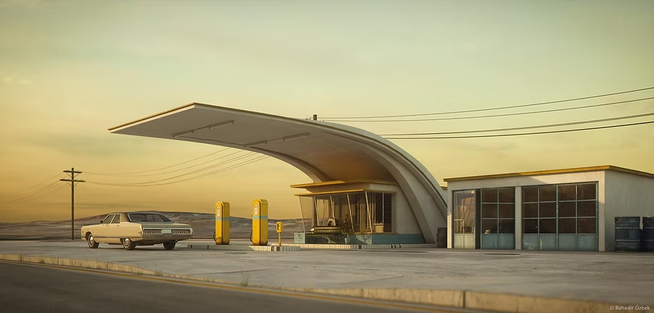 A vintage car at an empty gas station under an arched roof, with a sunset sky and deserted landscape in the background. Peaceful mood. This is creatd using cinema 4d .