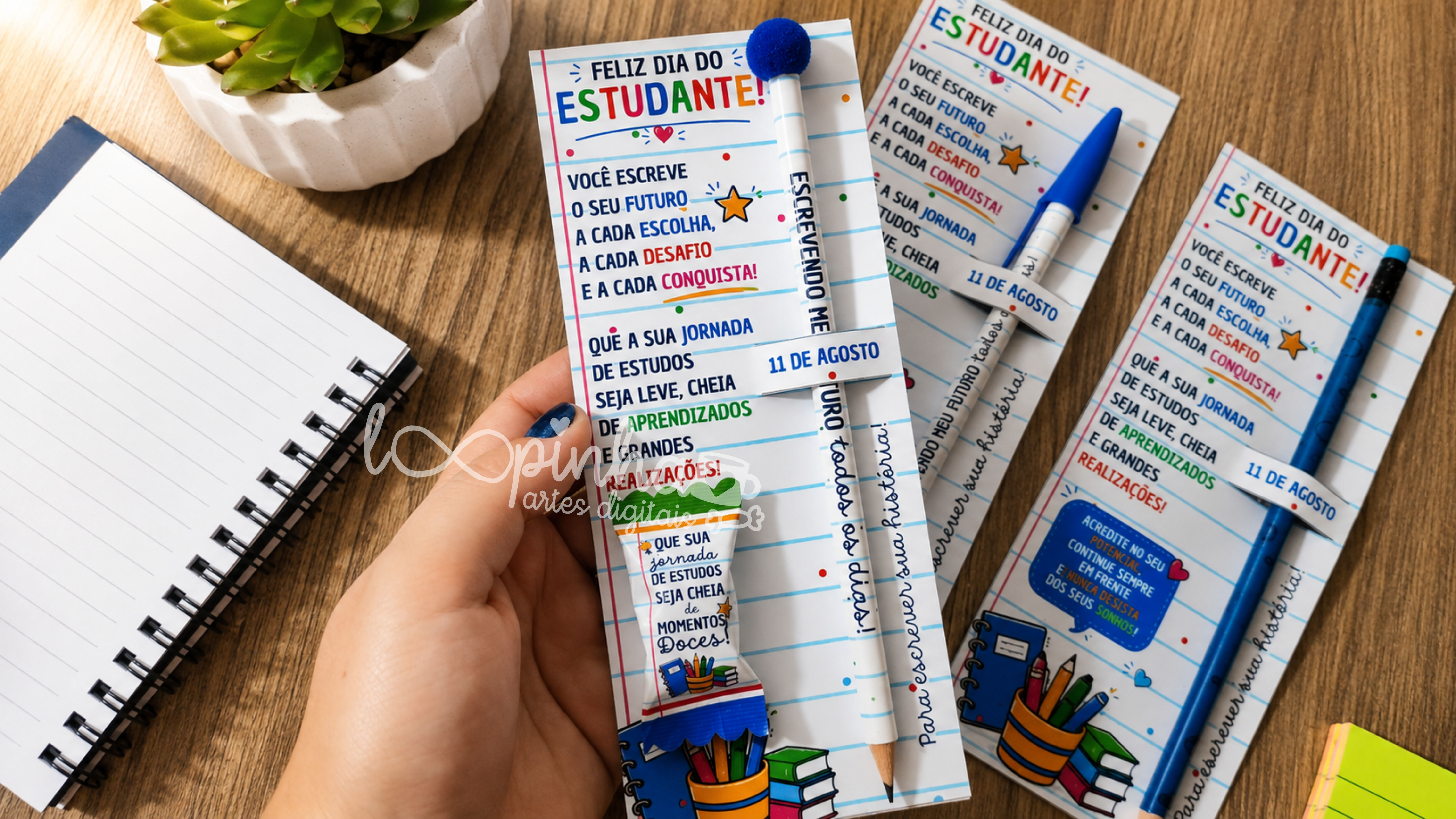 Card lápis, caneta e bala - Dia do Estudante 2026