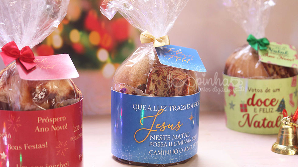 Miniatura: Cinta e tag para Mini Panetone (80g) - Natal 2023 EDITÁVEL
