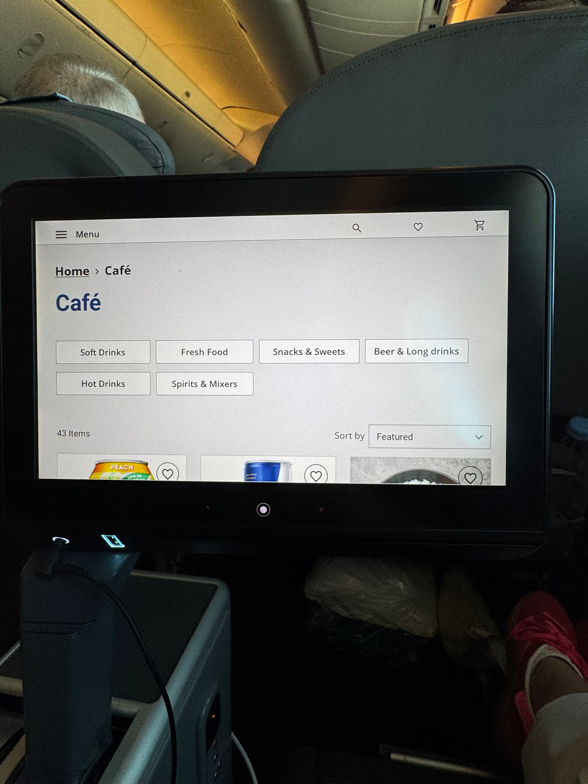 Categories on the inflight market place menu