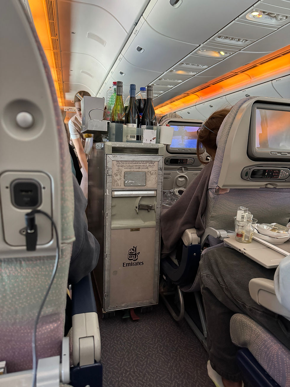Flight attendant serves drinks from a trolley in an airplane cabin. Passengers watch screens. Orange overhead lights. Mood is calm. Text: Emirates.