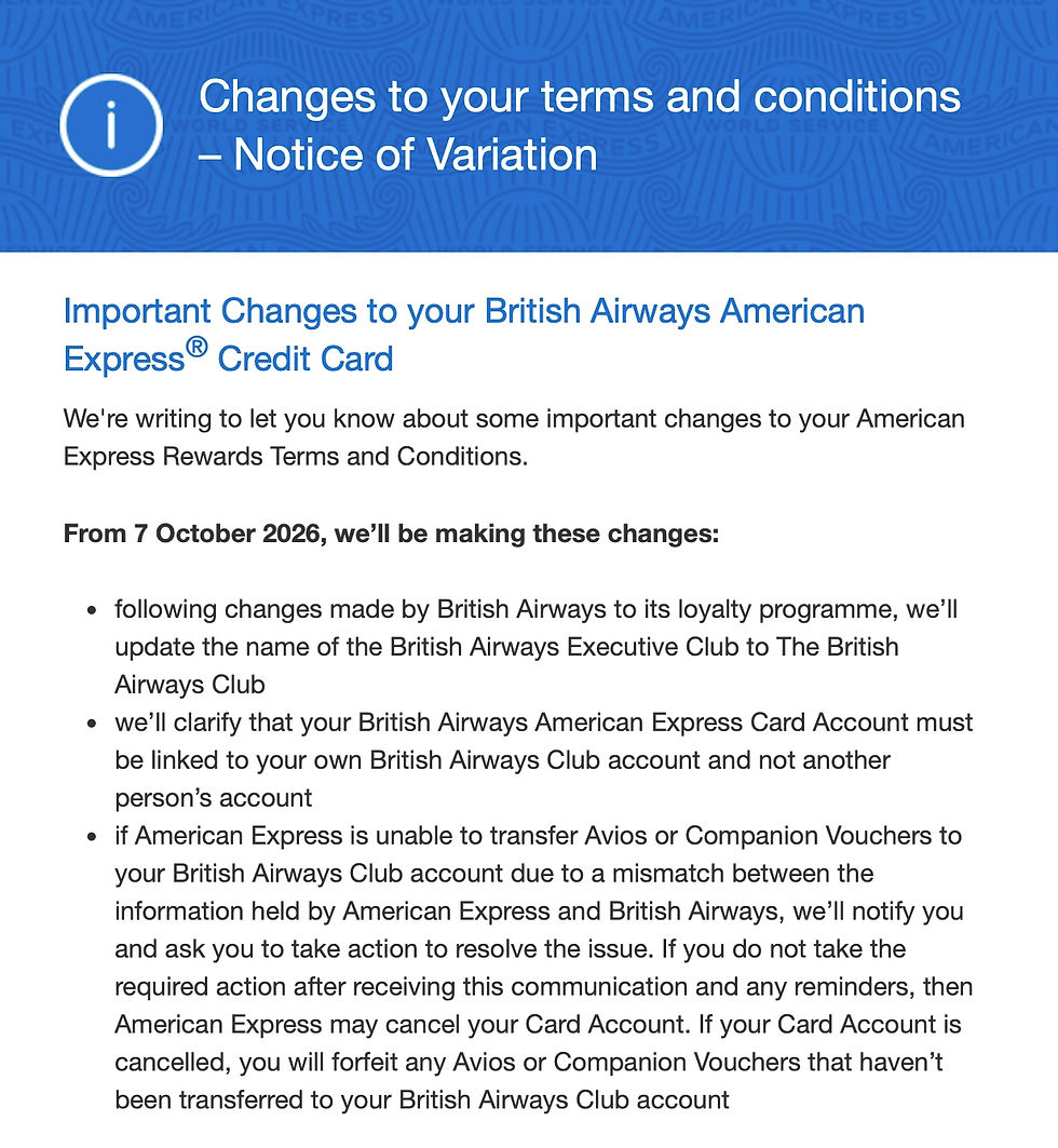 Blue American Express notice about changes to British Airways credit card terms, with bullet points and October 2026 update details