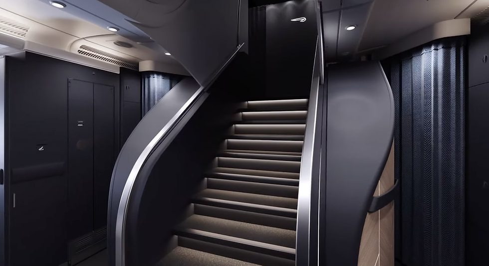 Dark luxury private jet cabin with illuminated stairs, curved metal rails, and sleek black walls; no people visible.