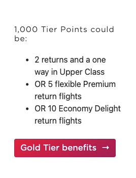 Text listing flight options from Tier Points with a "Gold Tier benefits" button in red at the bottom, set on a plain white background.