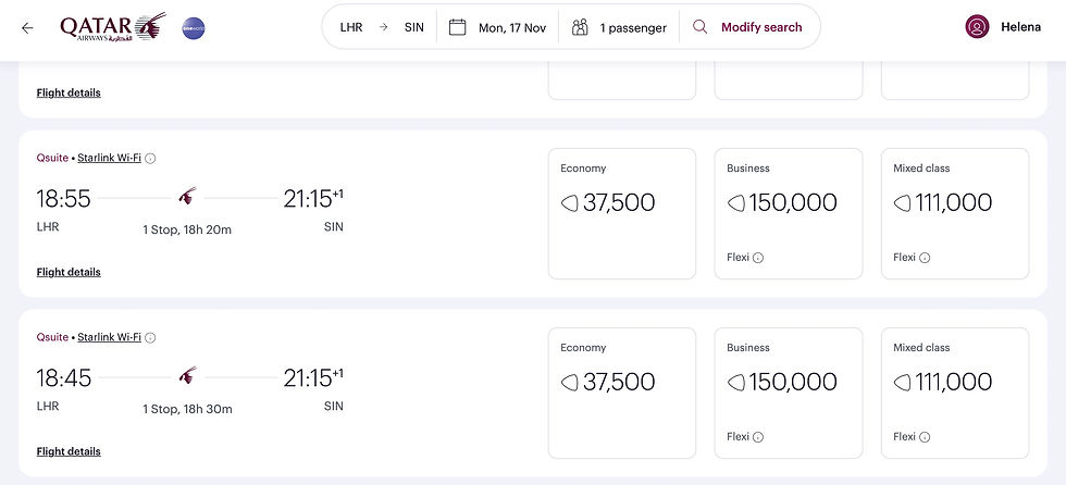 Qatar Airways flight booking page showing economy, business, and mixed class prices for LHR to SIN on 17 Nov. Options for 1 stop flights.
