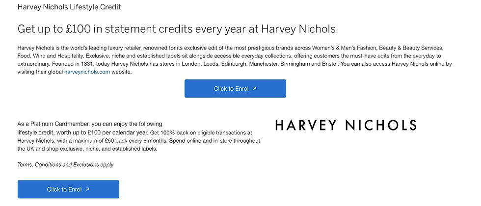 Text details Harvey Nichols offering £100 statement credits yearly for Platinum Cardmembers. Includes "Click to Enrol" button and logo.