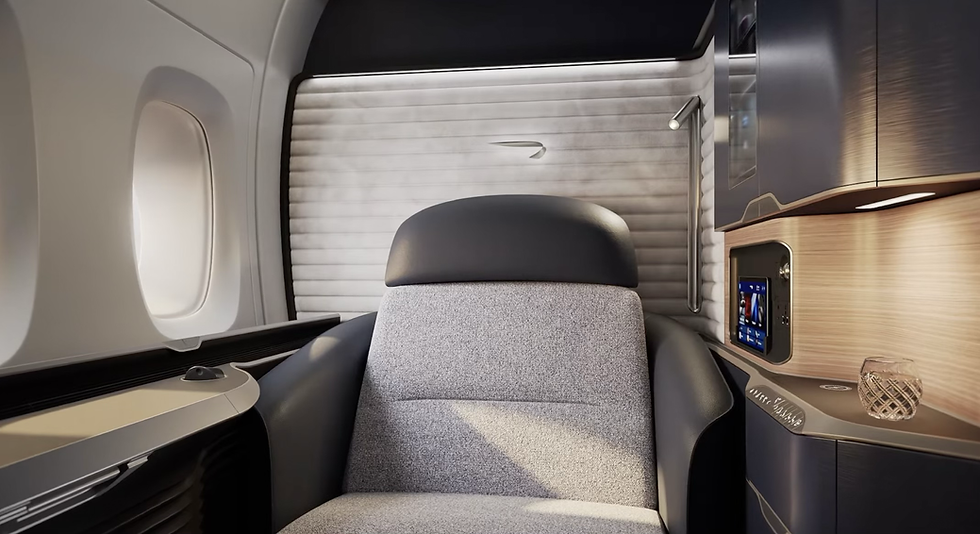 Luxurious airplane business-class seat with gray upholstery, window, wood panels, and a drink glass in a calm private cabin.