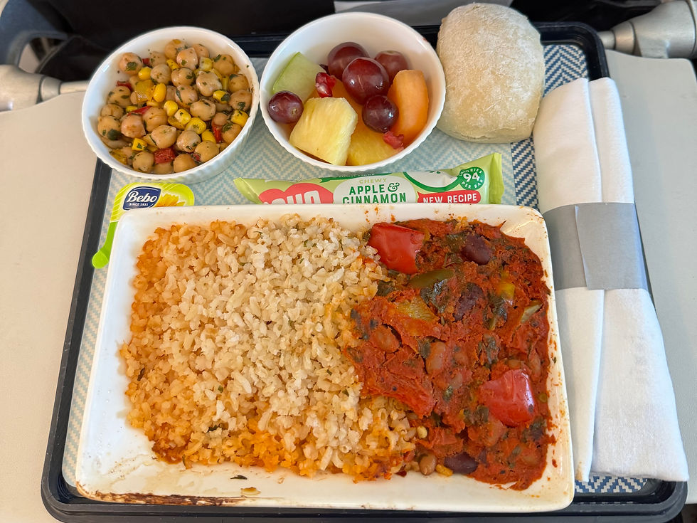 British airways Club Europe Special Mel - No Lactose. Tomato tagine with rice, vegetable stew, chickpea salad, fruit, a roll, and butter on a tray. Calm dining setting, bright colors.
