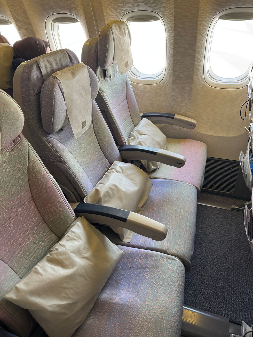 Three empty airplane seats with beige fabric and pillows. Sunlight streams through the windows, illuminating the cabin. Mood is calm.