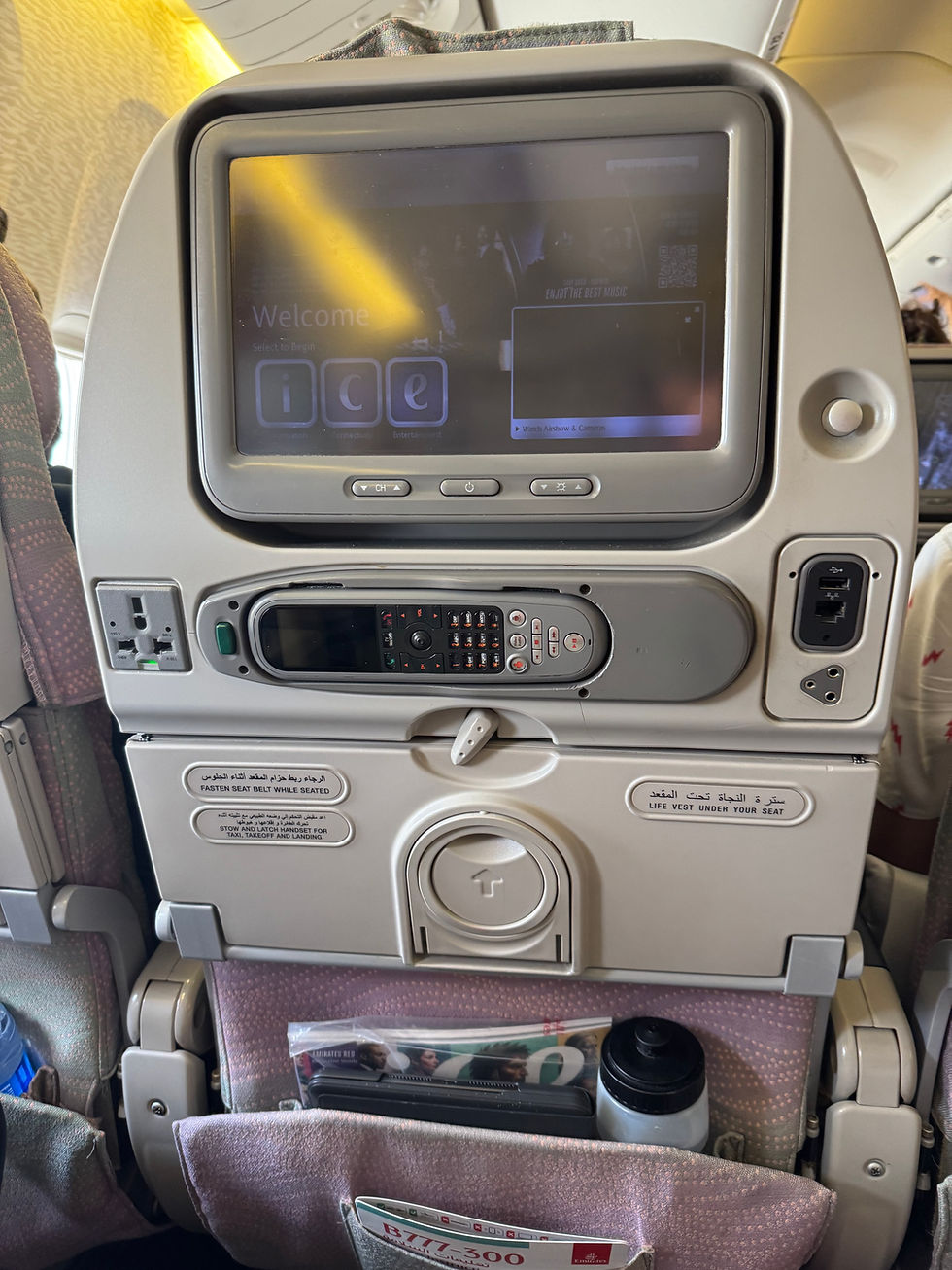 Airplane seat back with screen displaying "Welcome." Tray table, remote, and drink holder visible. Seat pocket holds magazines and bottle.